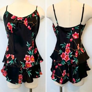90s Victoria’s Secret Silk Black Floral Print Cami Shorts Matching Set 2pc M